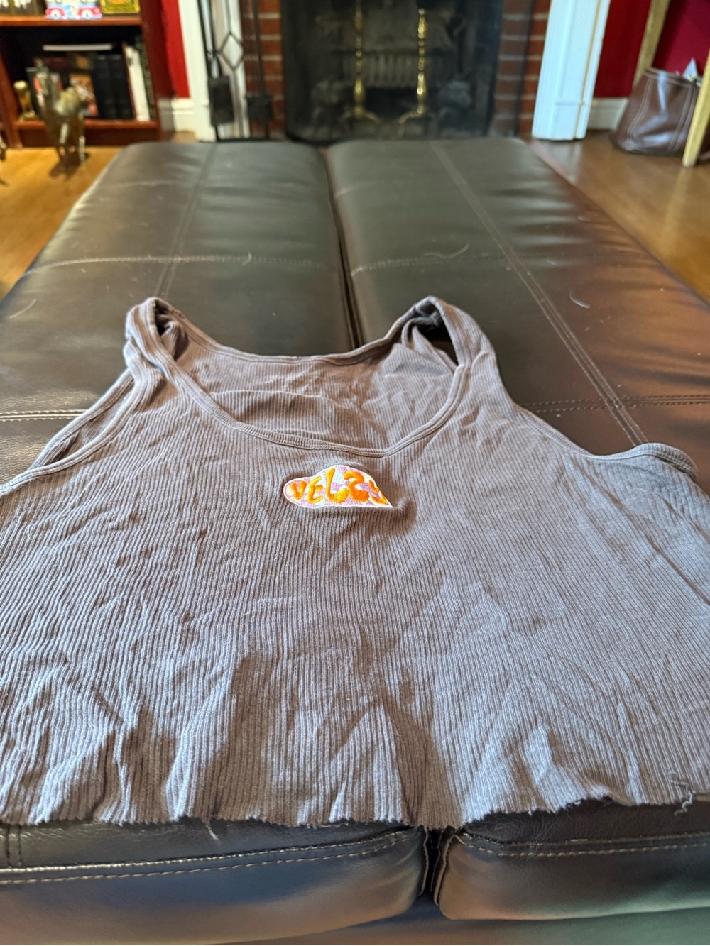 Women's Ribbed Cropped Tank Top in Taupe with Embroidered Patch